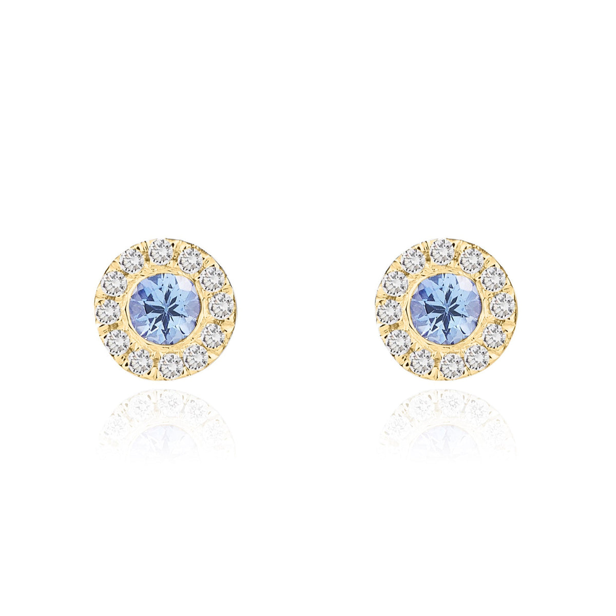 18ct Yellow Gold Round Natural Tanzanite & Diamond Cluster Stud Earrings — 3mm