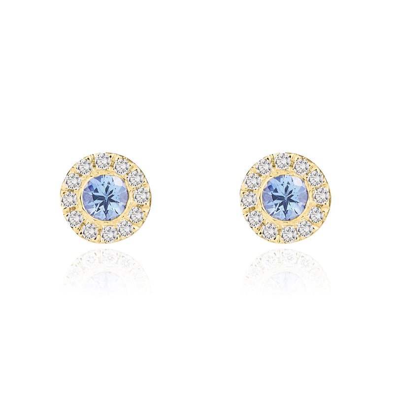 18ct Yellow Gold Round Natural Tanzanite & Diamond Cluster Stud Earrings — 3mm