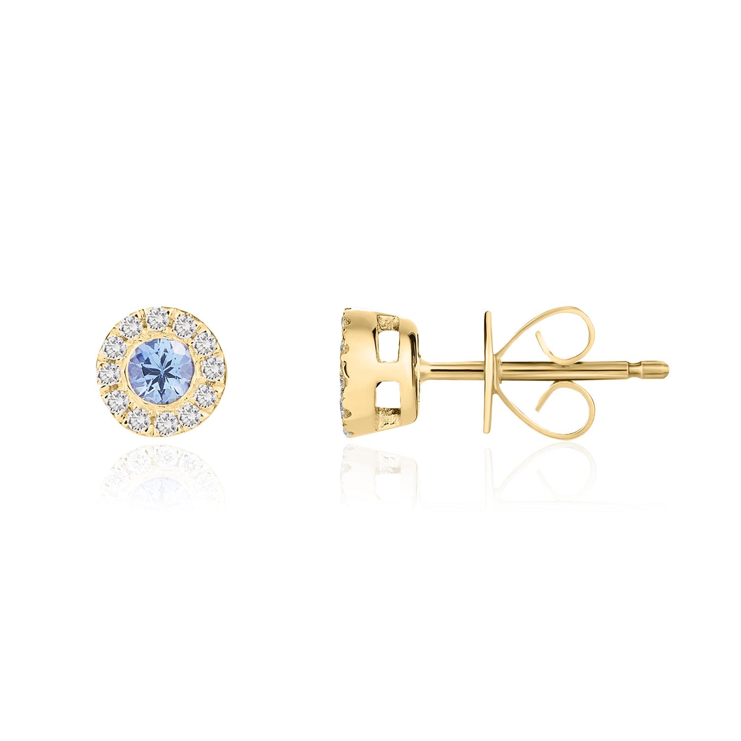 18ct Yellow Gold Round Natural Tanzanite and Diamond Cluster Earrings — 3mm