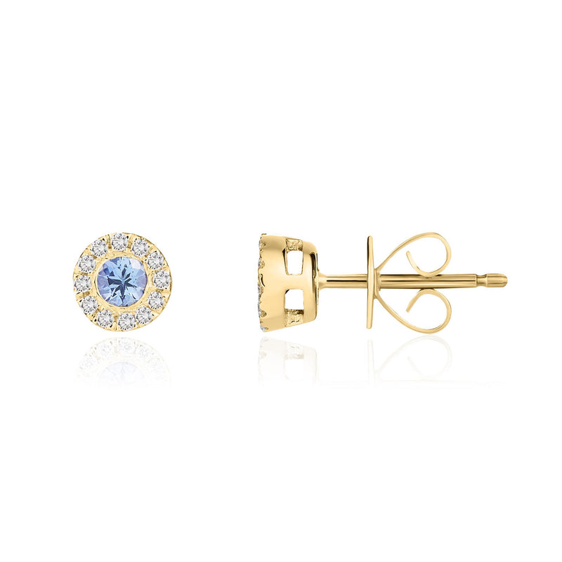 18ct Yellow Gold Round Natural Tanzanite & Diamond Cluster Stud Earrings — 3mm
