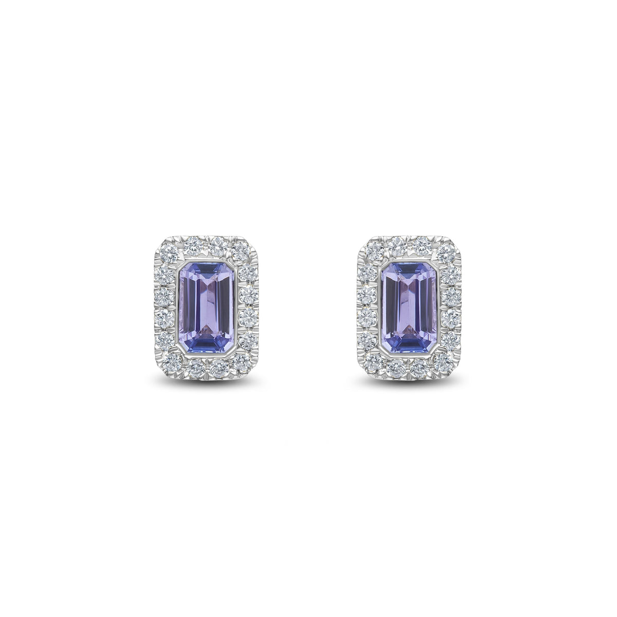 18ct White Gold Octagonal Natural Tanzanite & Diamond Cluster Stud Earrings — 5x3mm