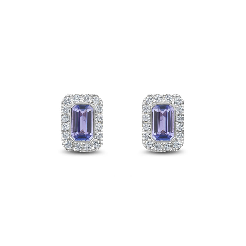 18ct White Gold Octagonal Natural Tanzanite & Diamond Cluster Stud Earrings — 5x3mm