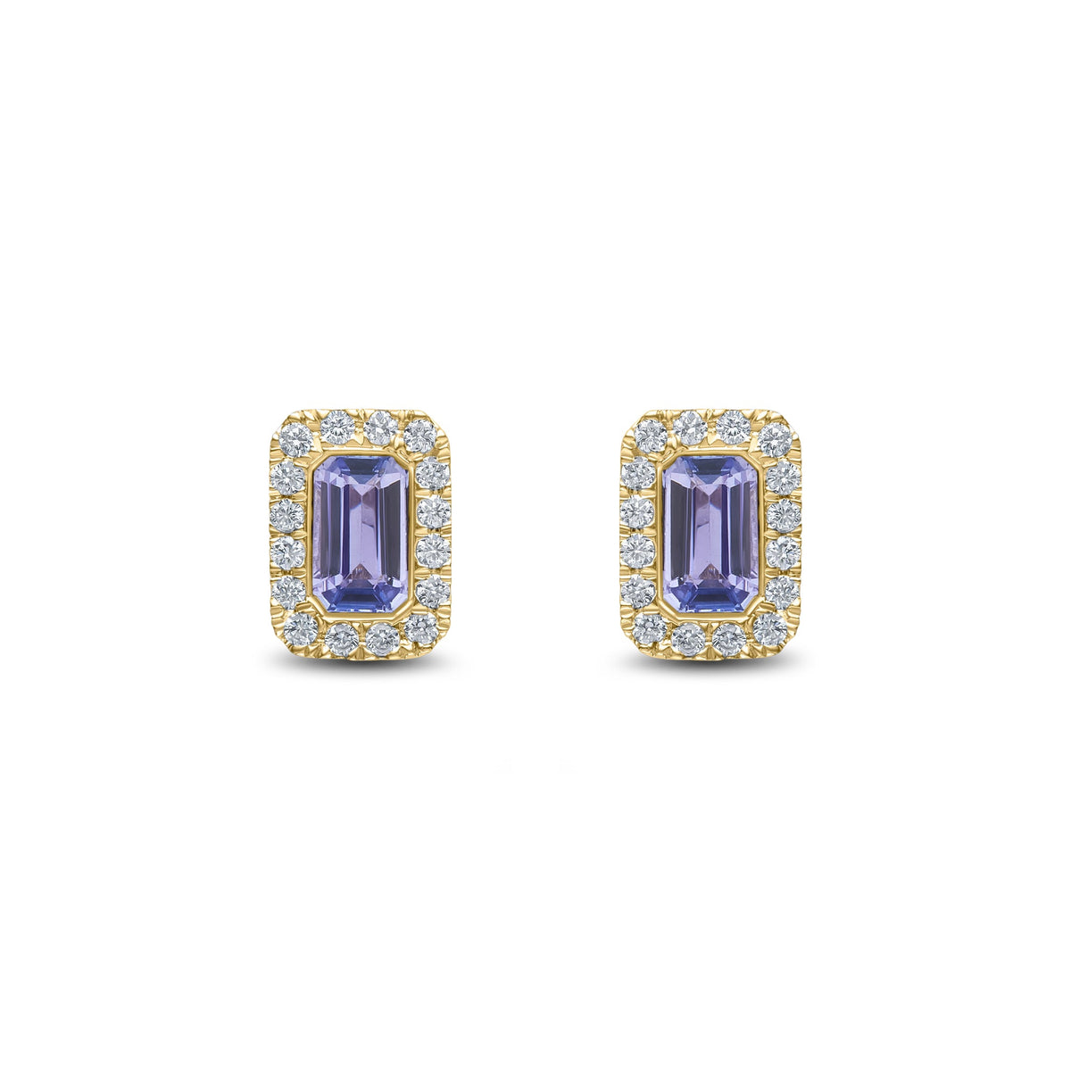 18ct Yellow Gold Octagonal Natural Tanzanite & Diamond Cluster Stud Earrings — 5x3mm