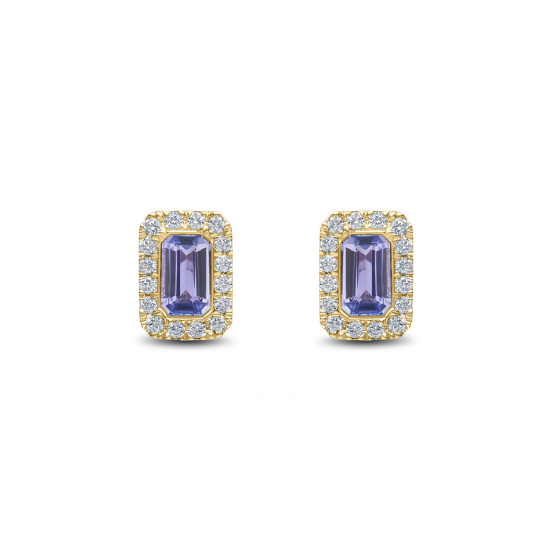 18ct Yellow Gold Octagonal Natural Tanzanite & Diamond Cluster Stud Earrings — 5x3mm