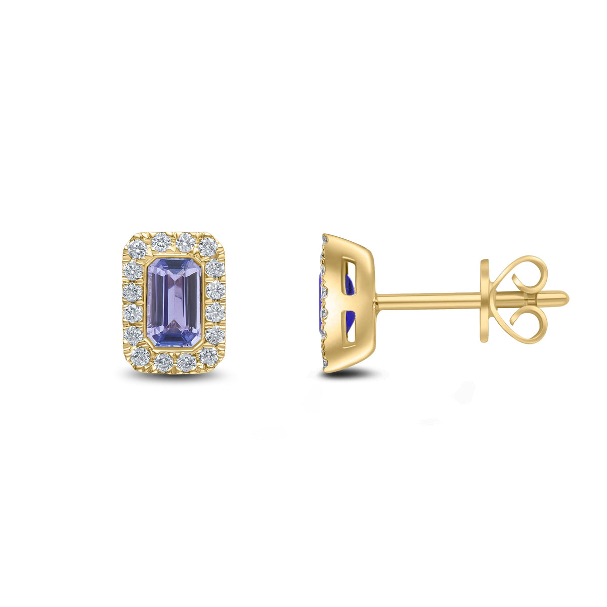 18ct Yellow Gold Octagonal Natural Tanzanite & Diamond Cluster Stud Earrings — 5x3mm