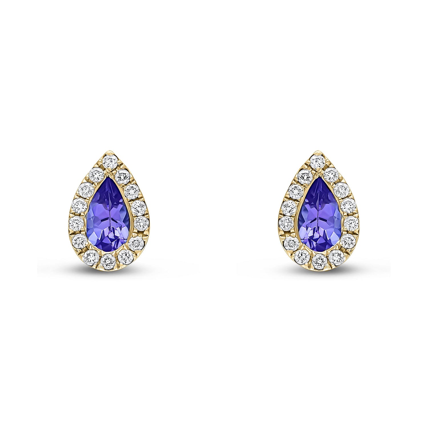 18ct Yellow Gold Pear Shaped Natural Tanzanite and Diamond Cluster Stud Earrings — 5x3mm