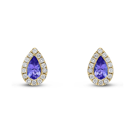 18ct Yellow Gold Pear Shaped Natural Tanzanite and Diamond Cluster Stud Earrings — 5x3mm