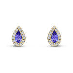 18ct Yellow Gold Pear Shaped Natural Tanzanite & Diamond Cluster Stud Earrings — 5x3mm