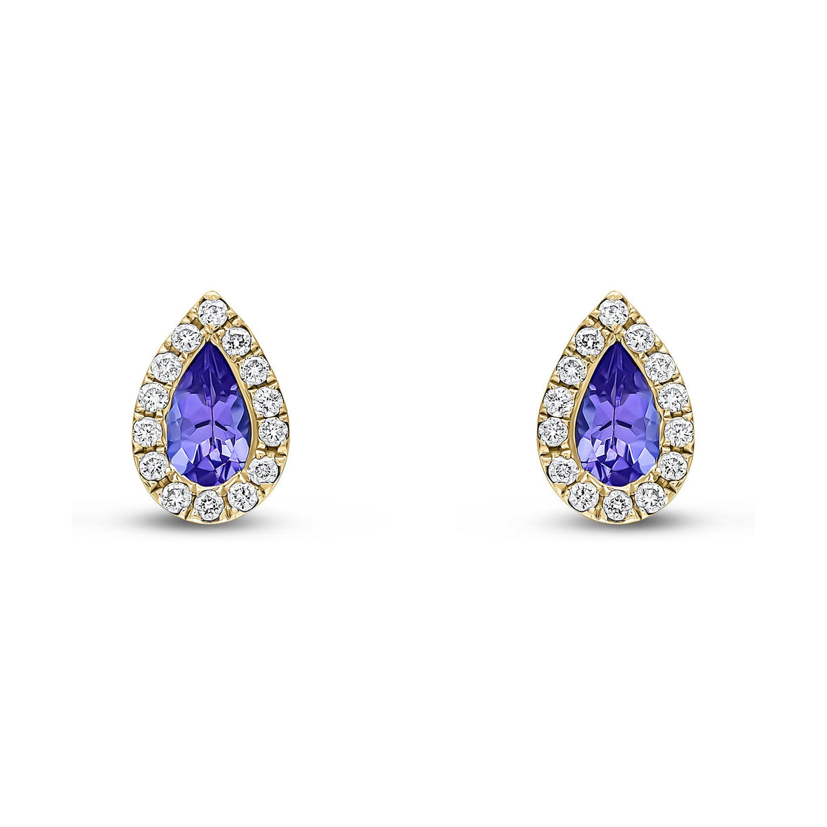 18ct Yellow Gold Pear Shaped Natural Tanzanite & Diamond Cluster Stud Earrings — 5x3mm