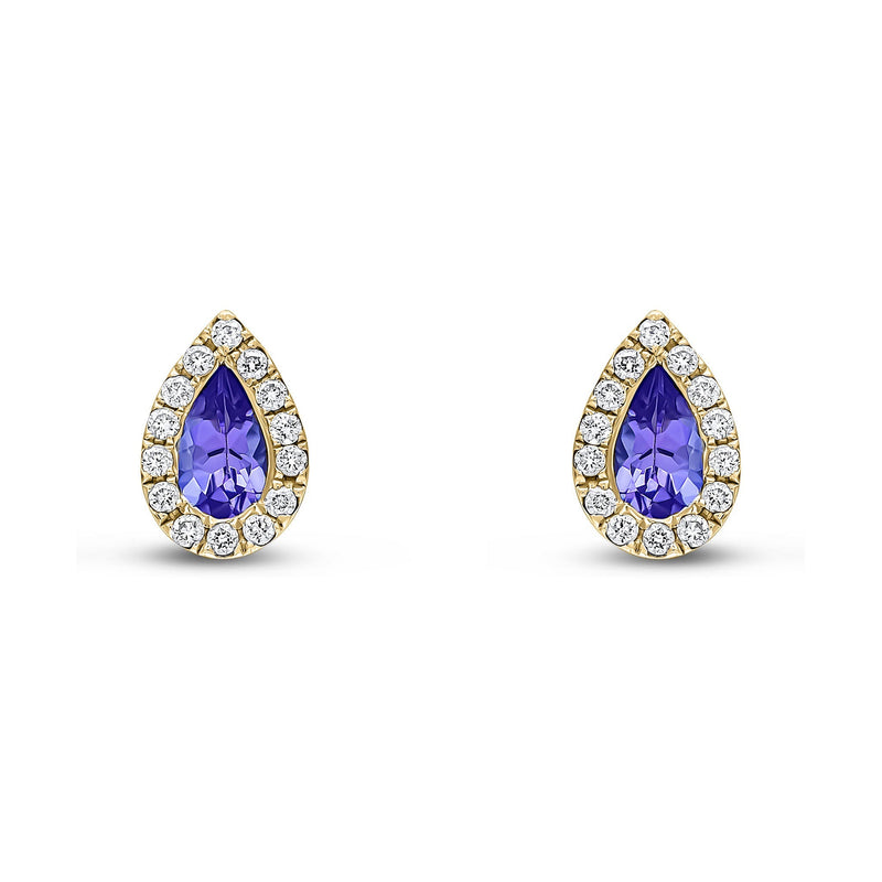 18ct Yellow Gold Pear Shaped Natural Tanzanite & Diamond Cluster Stud Earrings — 5x3mm