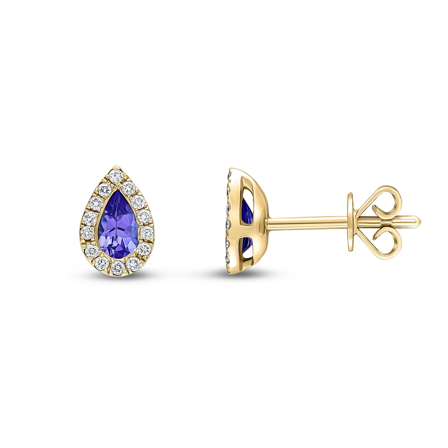 18ct Yellow Gold Pear Shaped Natural Tanzanite and Diamond Cluster Stud Earrings — 5x3mm