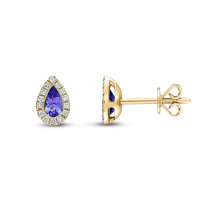 18ct Yellow Gold Pear Shaped Natural Tanzanite & Diamond Cluster Stud Earrings — 5x3mm