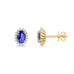 18ct Yellow Gold Oval Natural Tanzanite & Diamond Claw Set Cluster Stud Earrings — 6x4mm
