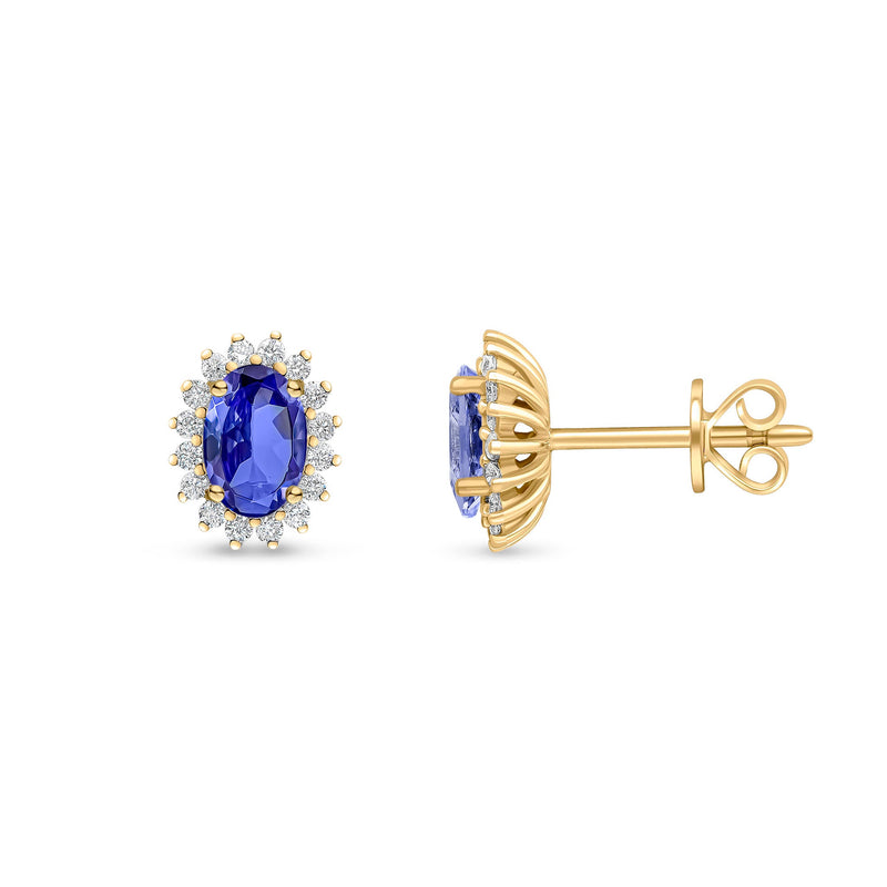 18ct Yellow Gold Oval Natural Tanzanite & Diamond Claw Set Cluster Stud Earrings — 6x4mm