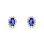 18ct Yellow Gold Oval Natural Tanzanite & Diamond Claw Set Cluster Stud Earrings — 6x4mm