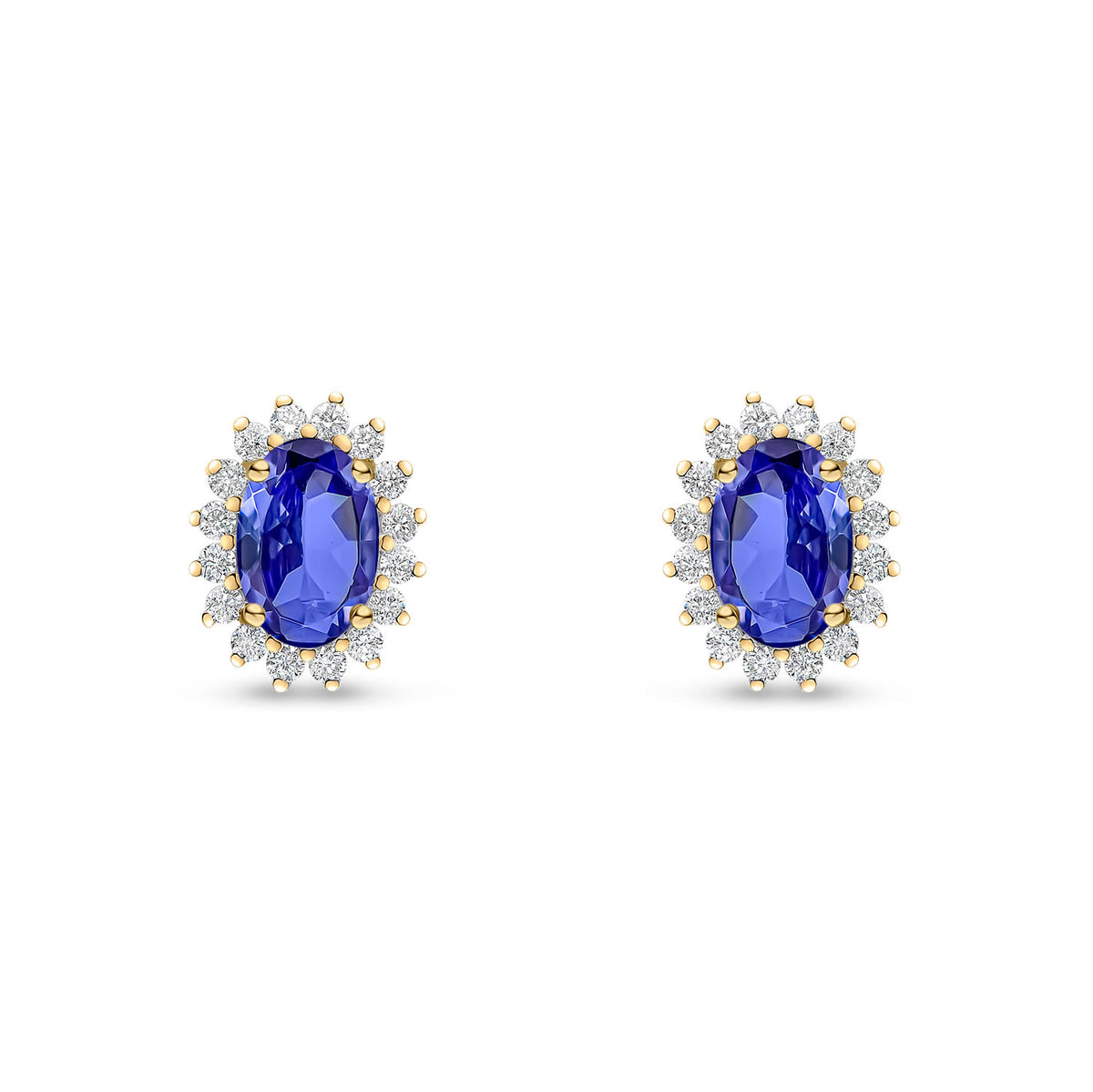 18ct Yellow Gold Oval Natural Tanzanite & Diamond Claw Set Cluster Stud Earrings — 6x4mm
