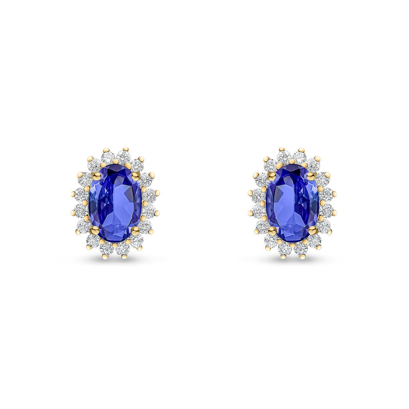 18ct Yellow Gold Oval Natural Tanzanite & Diamond Claw Set Cluster Stud Earrings — 6x4mm