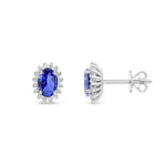 18ct White Gold Oval Natural Tanzanite & Diamond Claw Set Cluster Stud Earrings — 6x4mm
