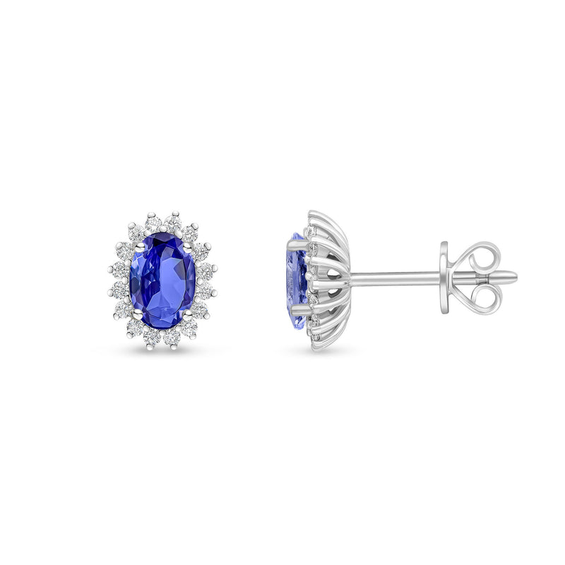 18ct White Gold Oval Natural Tanzanite & Diamond Claw Set Cluster Stud Earrings — 6x4mm