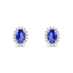 18ct White Gold Oval Natural Tanzanite & Diamond Claw Set Cluster Stud Earrings — 6x4mm