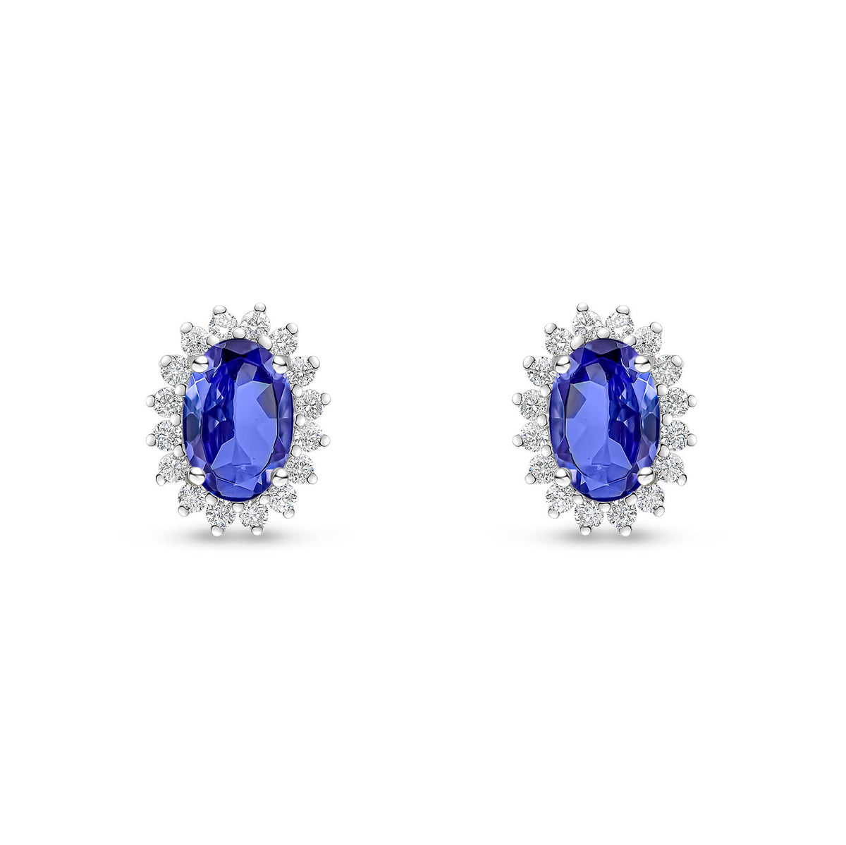 18ct White Gold Oval Natural Tanzanite & Diamond Claw Set Cluster Stud Earrings — 6x4mm