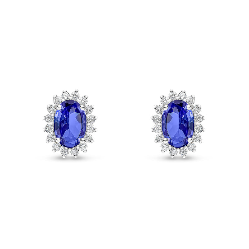 18ct White Gold Oval Natural Tanzanite & Diamond Claw Set Cluster Stud Earrings — 6x4mm