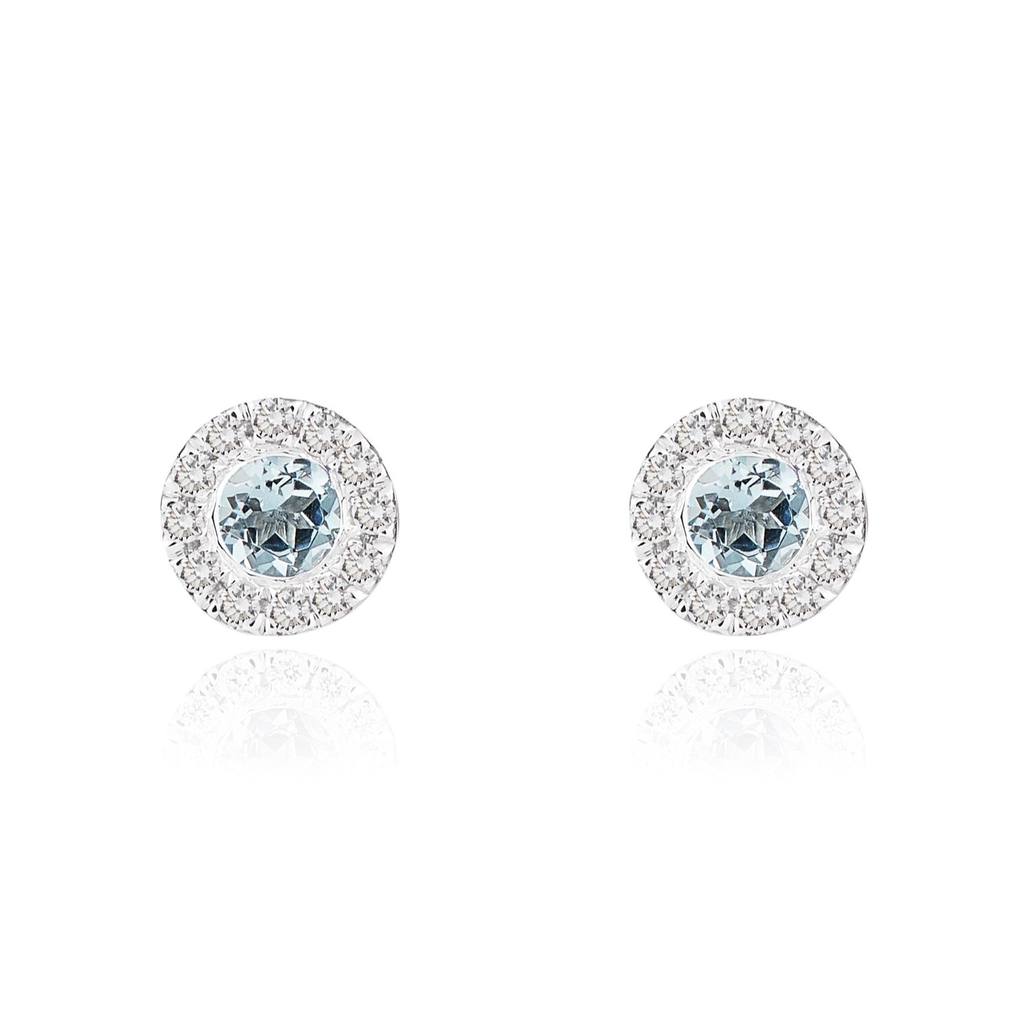 18ct White Gold Round Natural Aquamarine And Diamond Microset Cluster Earrings — 3mm
