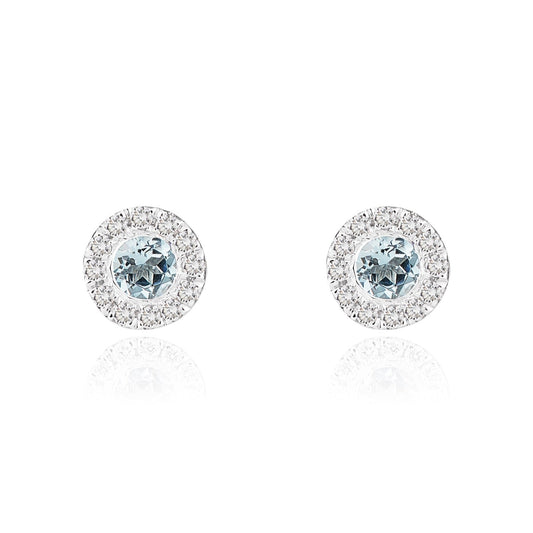 18ct White Gold Round Natural Aquamarine And Diamond Microset Cluster Earrings — 3mm