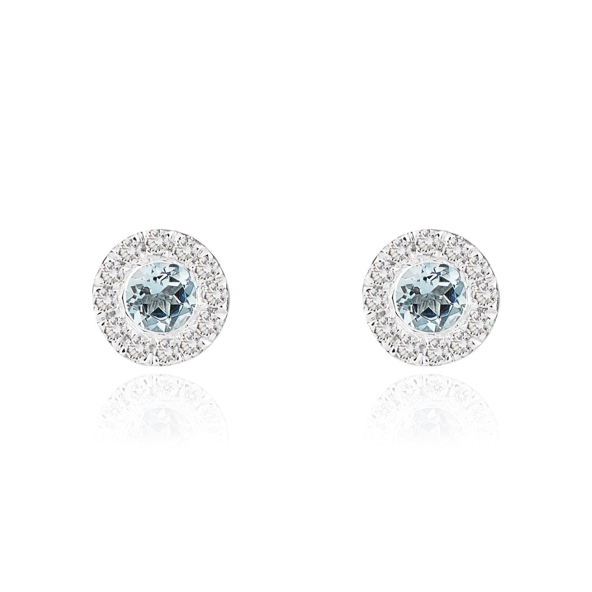 18ct White Gold Round Natural Aquamarine & Diamond Cluster Stud Earrings — 3mm