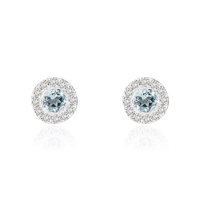 18ct White Gold Round Natural Aquamarine & Diamond Cluster Stud Earrings — 3mm