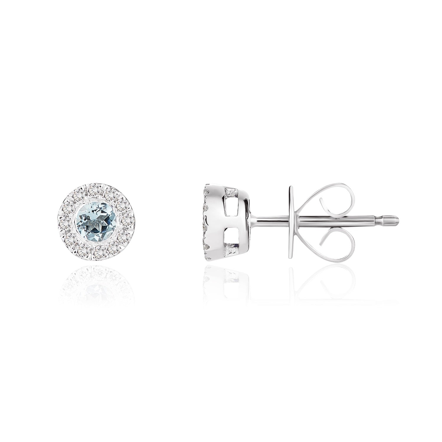 18ct White Gold Round Natural Aquamarine And Diamond Microset Cluster Earrings — 3mm