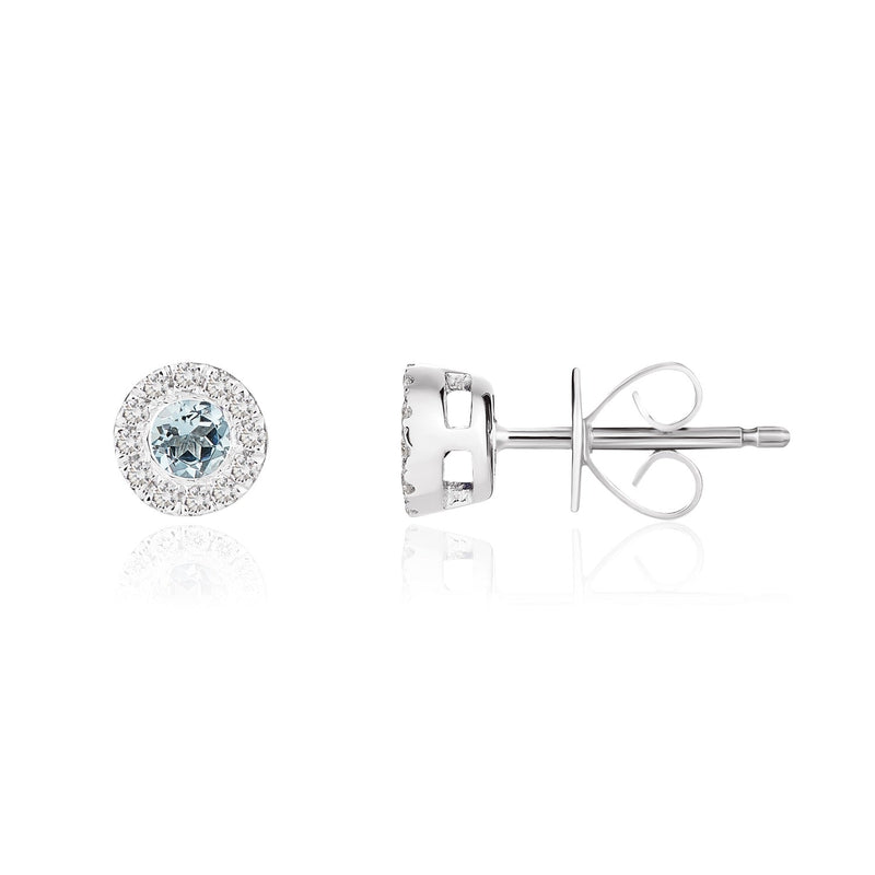 18ct White Gold Round Natural Aquamarine & Diamond Cluster Stud Earrings — 3mm
