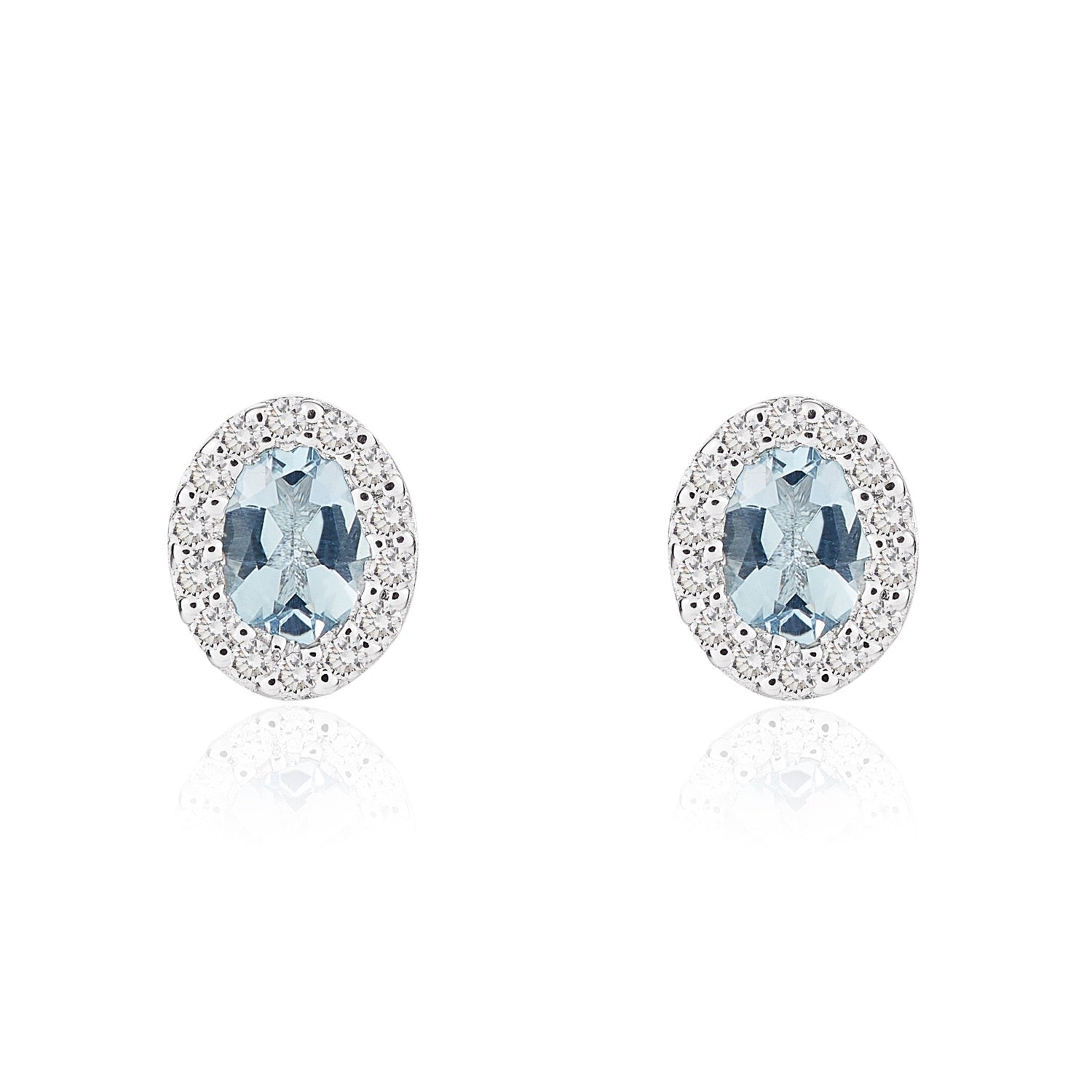 18ct White Gold Oval Natural Aquamarine And Diamond Microset Cluster Earrings — 4x3mm