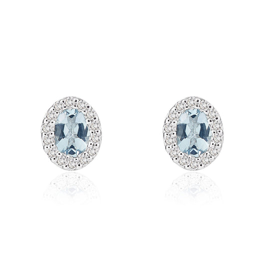 18ct White Gold Oval Natural Aquamarine And Diamond Microset Cluster Earrings