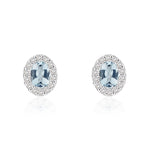 18ct White Gold Oval Natural Aquamarine & Diamond Microset Cluster Stud Earrings — 4x3mm