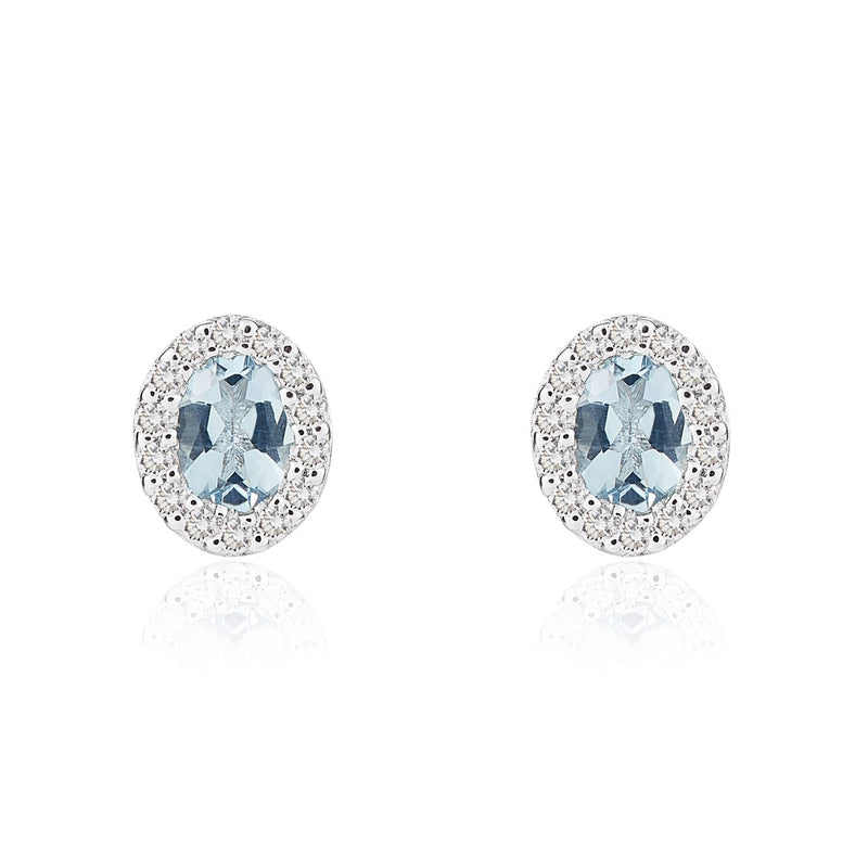 18ct White Gold Oval Natural Aquamarine & Diamond Microset Cluster Stud Earrings — 4x3mm