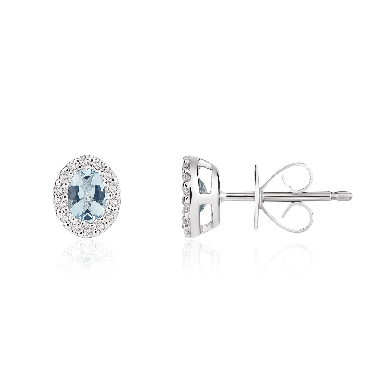 18ct White Gold Oval Natural Aquamarine And Diamond Microset Cluster Earrings — 4x3mm