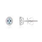 18ct White Gold Oval Natural Aquamarine & Diamond Microset Cluster Stud Earrings — 4x3mm