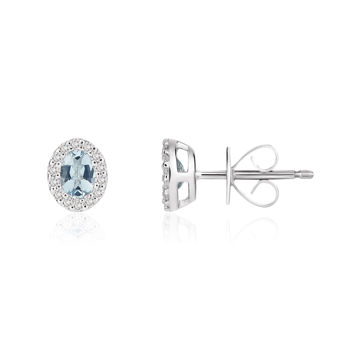 18ct White Gold Oval Natural Aquamarine & Diamond Microset Cluster Stud Earrings — 4x3mm