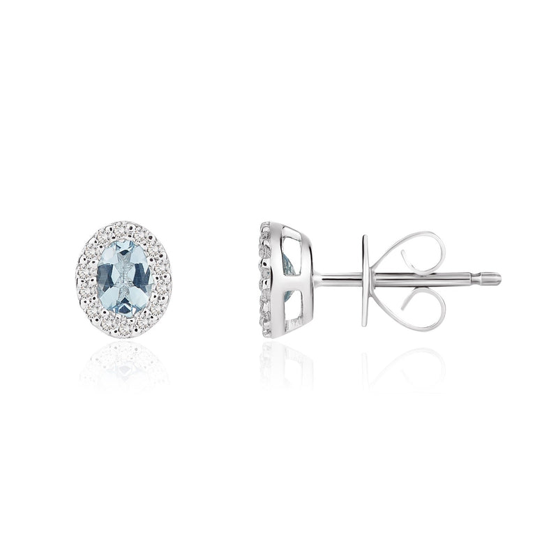 18ct White Gold Oval Natural Aquamarine & Diamond Microset Cluster Stud Earrings — 4x3mm
