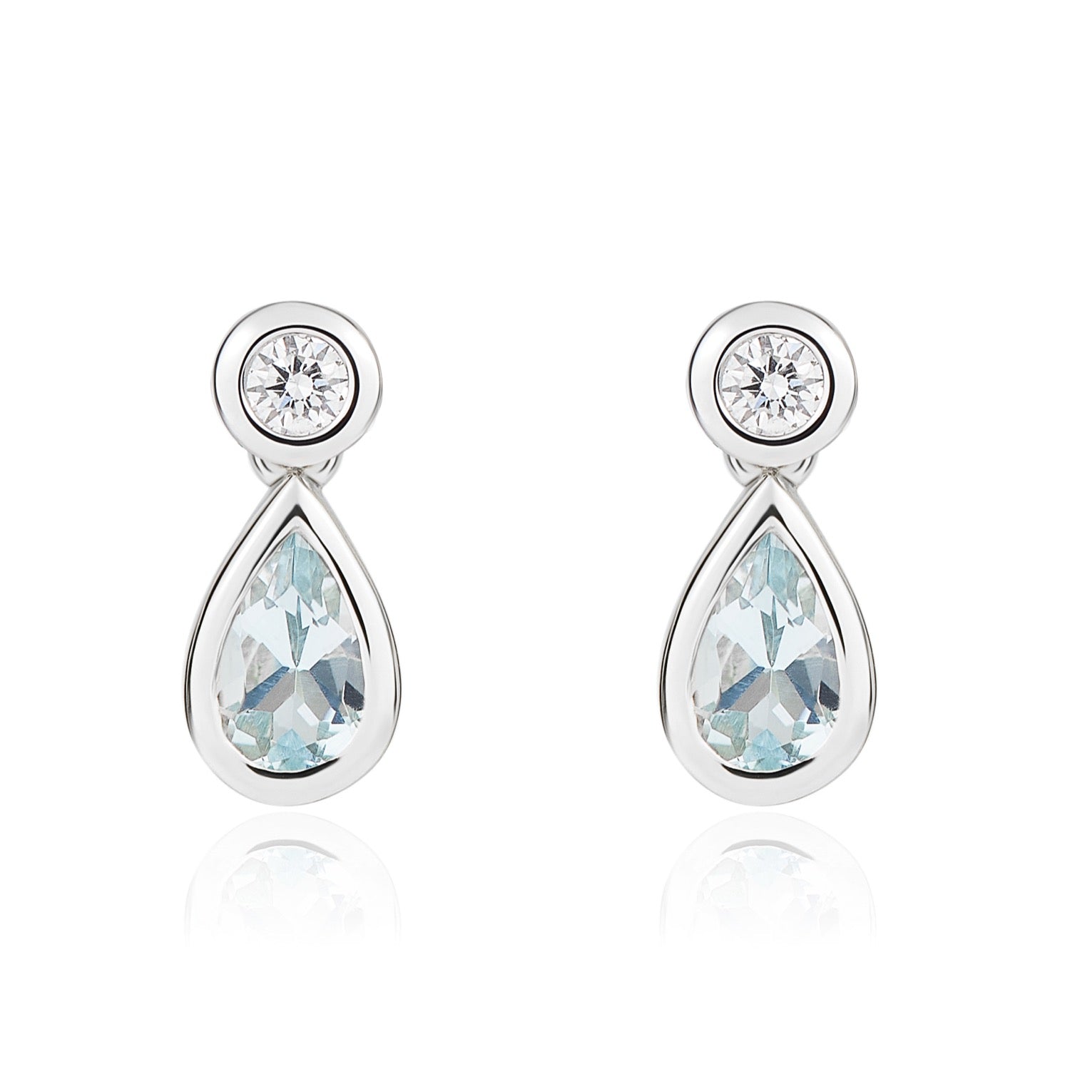 18ct White Gold Pear Shaped Natural Aquamarine And Diamond Rubover Drop Earrings — 5x3mm