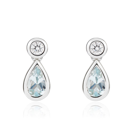 18ct White Gold Pear Shaped Natural Aquamarine And Diamond Rubover Drop Earrings — 5x3mm