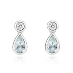 18ct White Gold Pear Shaped Natural Aquamarine & Diamond Two Stone Rubover Drop Earrings — 5x3mm