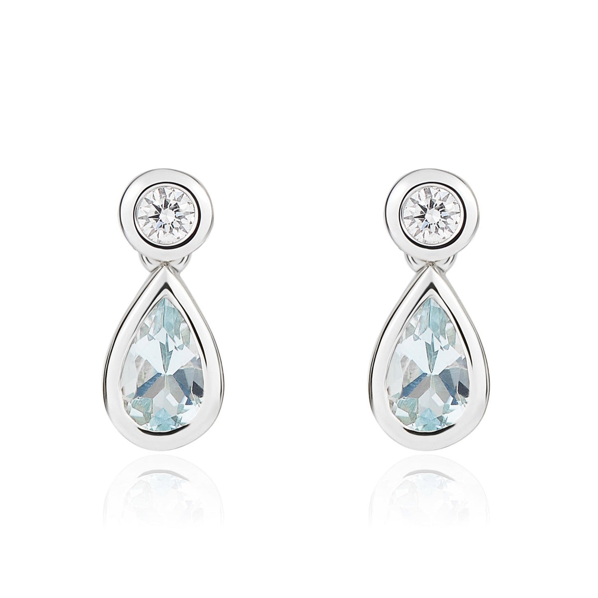 18ct White Gold Pear Shaped Natural Aquamarine & Diamond Two Stone Rubover Drop Earrings — 5x3mm