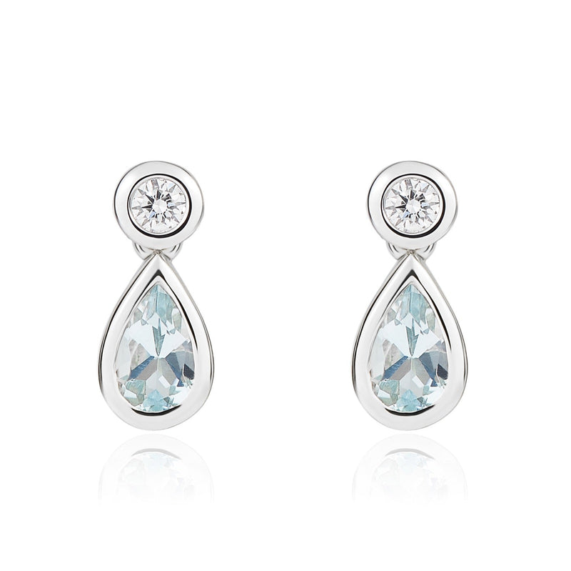 18ct White Gold Pear Shaped Natural Aquamarine & Diamond Two Stone Rubover Drop Earrings — 5x3mm
