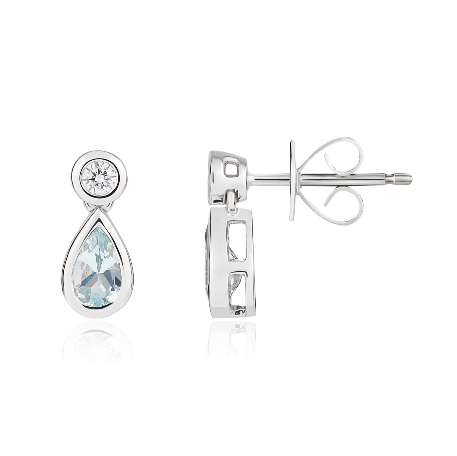 18ct White Gold Pear Shaped Natural Aquamarine And Diamond Rubover Drop Earrings — 5x3mm