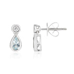 18ct White Gold Pear Shaped Natural Aquamarine & Diamond Two Stone Rubover Drop Earrings — 5x3mm