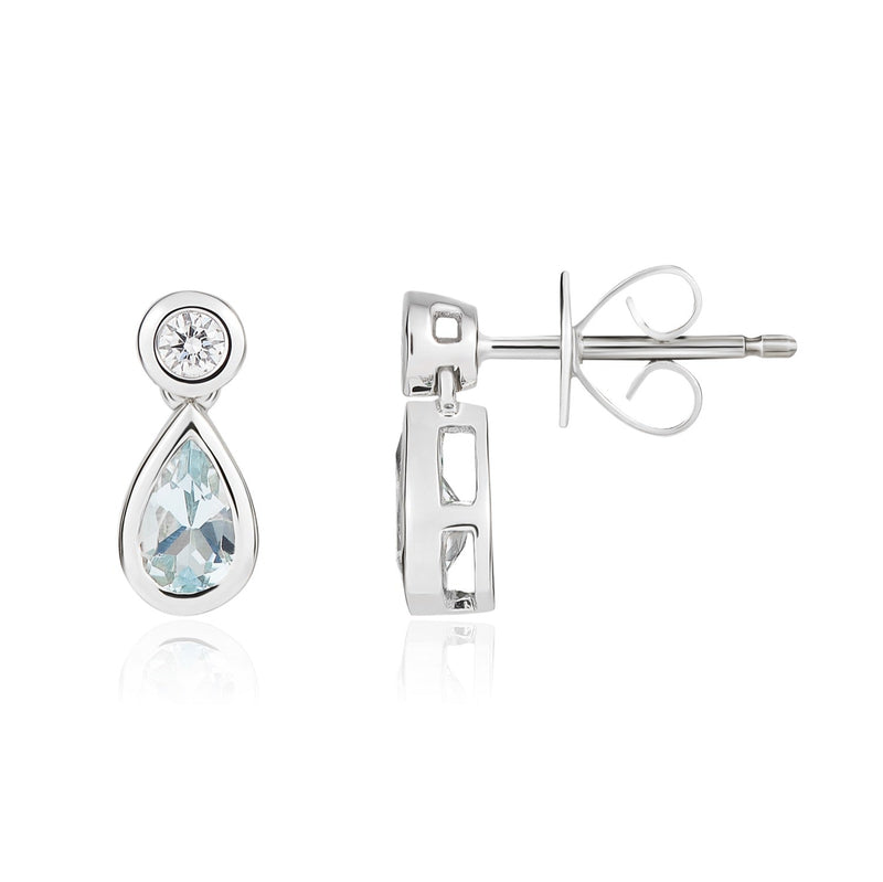 18ct White Gold Pear Shaped Natural Aquamarine & Diamond Two Stone Rubover Drop Earrings — 5x3mm