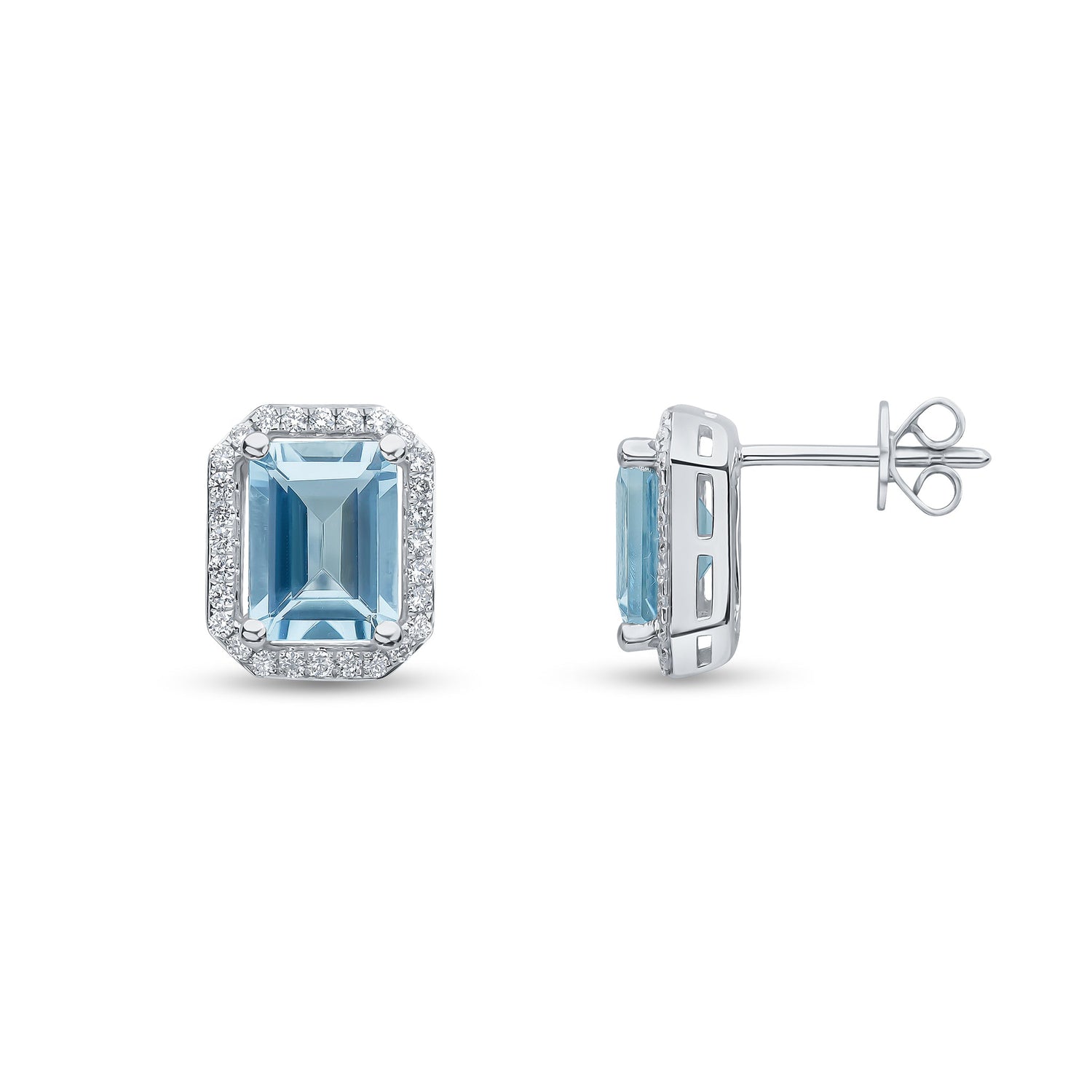 18ct White Gold Octagonal Emerald Cut Natural Aquamarine and Diamond Claw Set Halo Cluster Earrings — 8x6mm
