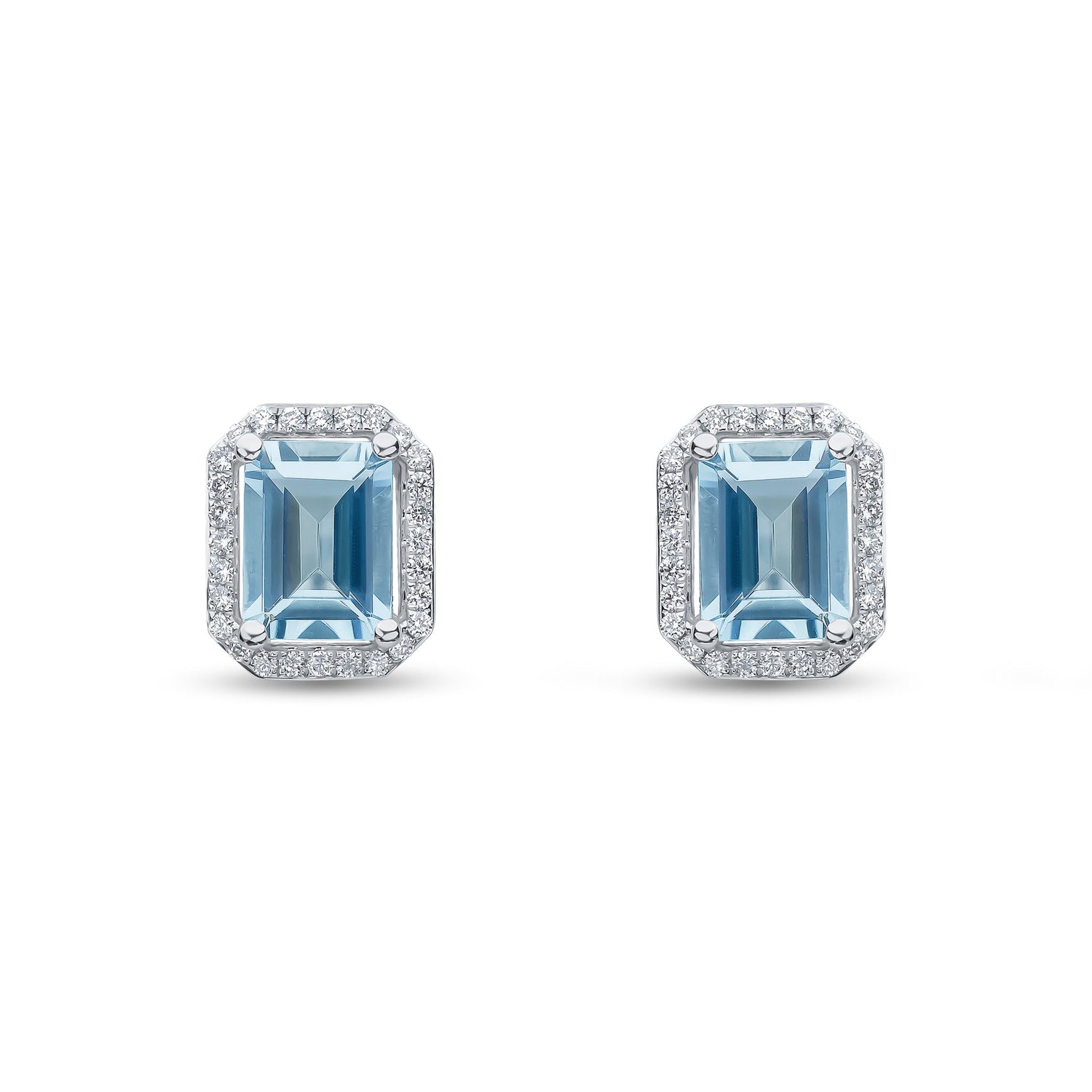 18ct White Gold Octagonal Emerald Cut Natural Aquamarine and Diamond Claw Set Halo Cluster Earrings — 8x6mm
